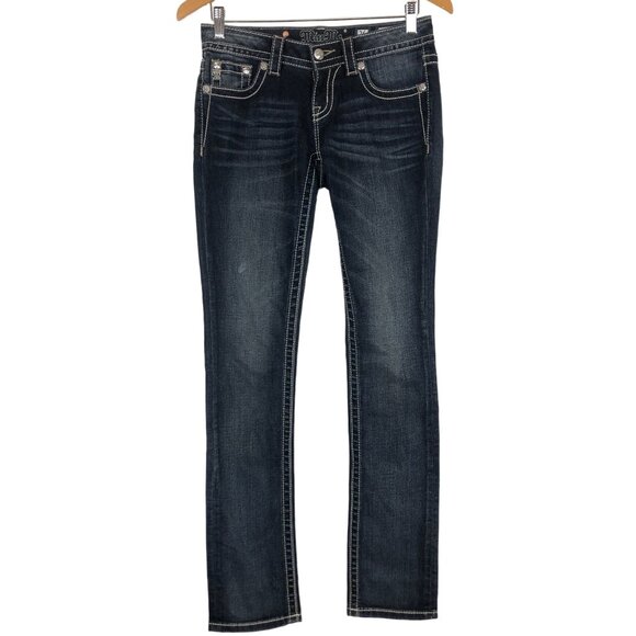 Miss Me Signature Straight Jeans Sz 26 X 33 Blue Denim Low Rise Embellished - Picture 1 of 12